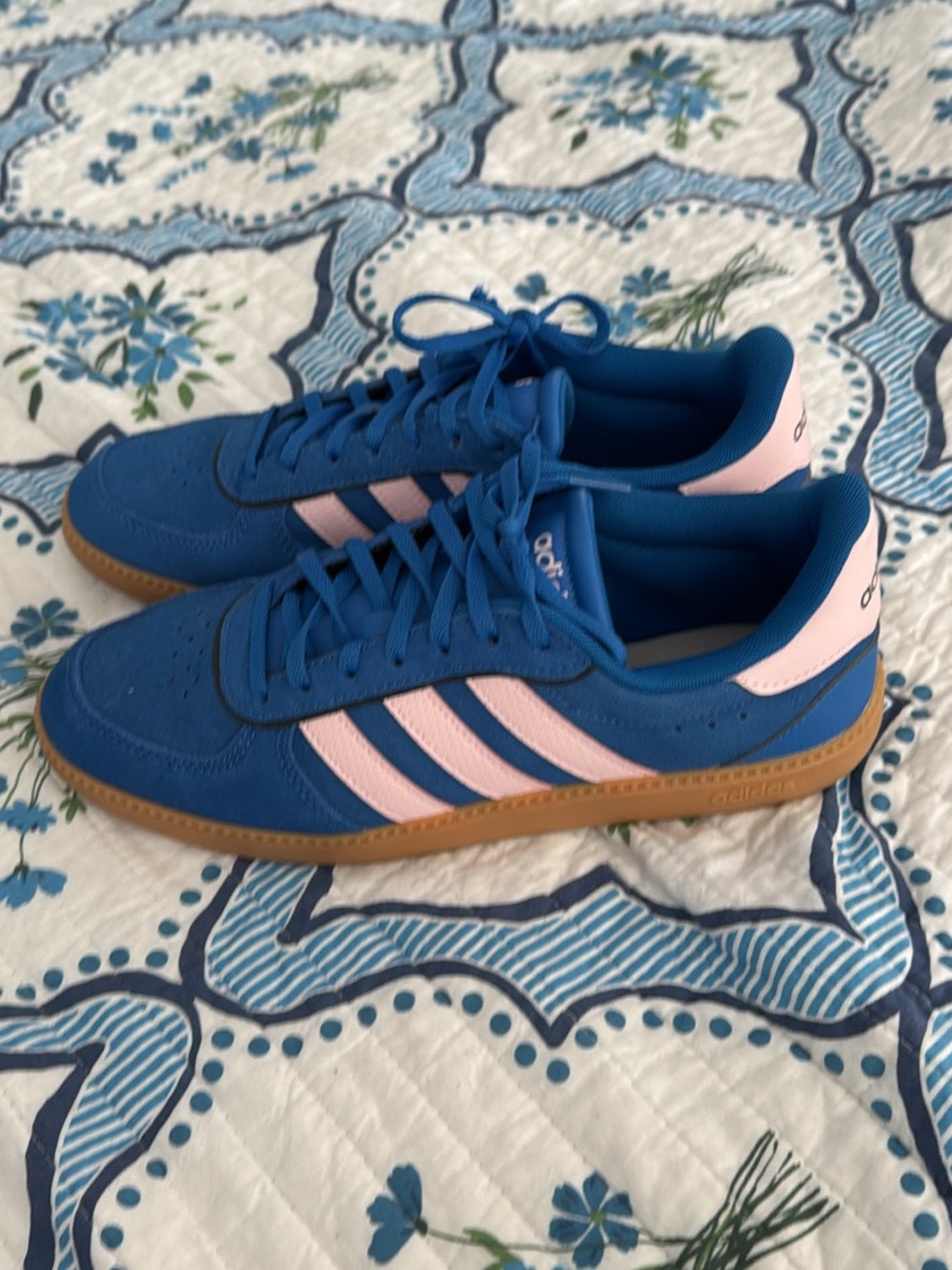 adidas Breaknet Blue Suede Sneakers with Pink Stripes and Gum Sole - Picture 2 of 4